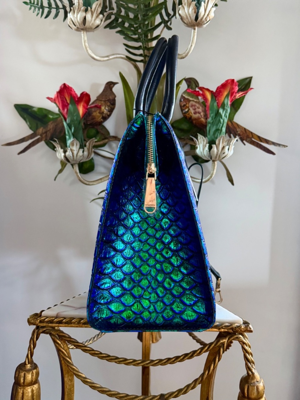 ๐๐ NWT Brahmin Emerald Lulia Caroline Metallic Blue Green Snake Print Bag ๐๐ - Picture 8 of 16
